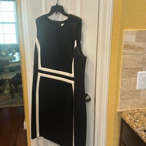 Black dress with white accent stripes.